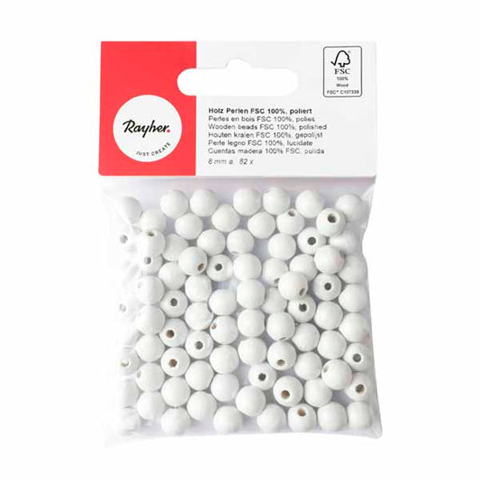 White Wooden round bead 8 mm, polished, in tab-bag