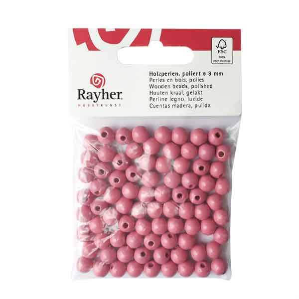 Pink Wooden round bead 8 mm, polished, in tab-bag