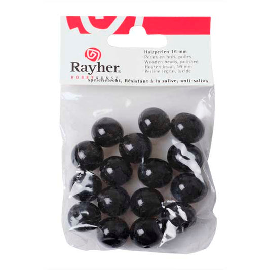 Black Wooden round bead 16 mm, polished, in tab-bag