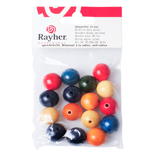 Mixed colors Wooden round bead 16 mm, polished, in tab-bag