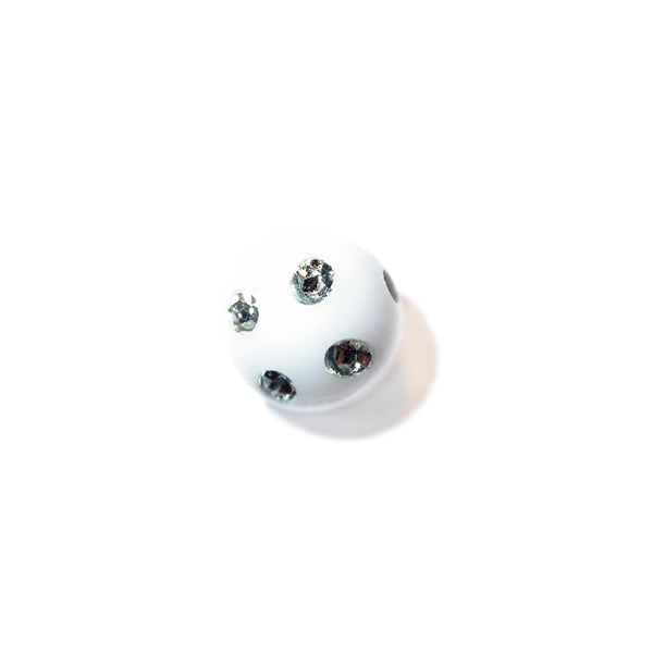 White, round polyester bead with metalcoloured holes