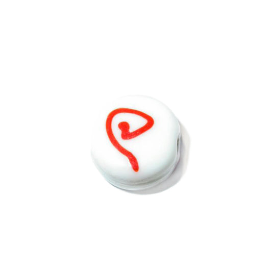 White round, flat glass bead with red drawing