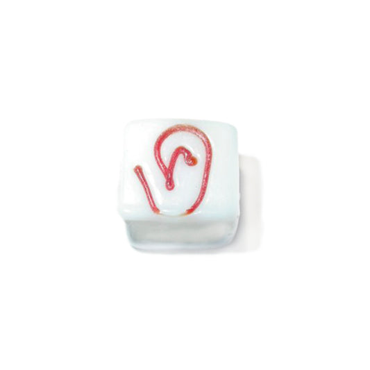 White square glass bead with red drawing