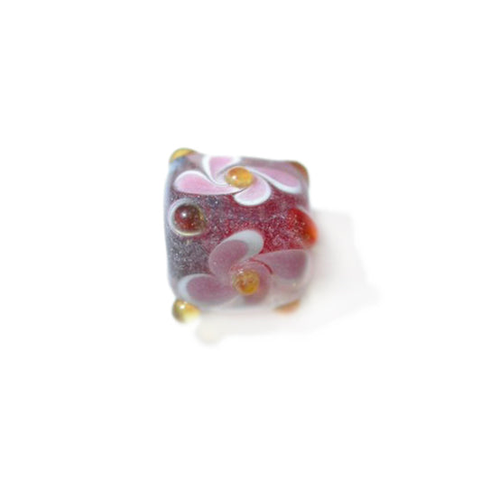 Handmade square glass bead, decorated with pink flowers