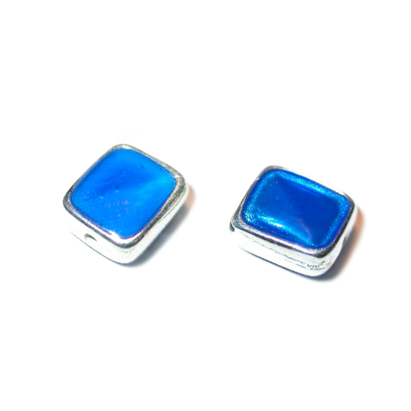 Square metal bead with blue epoxy