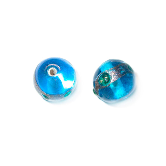 Lightblue round glass bead, with golden stripe