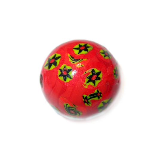 Round, Red  glass bead, with yellow and black stars