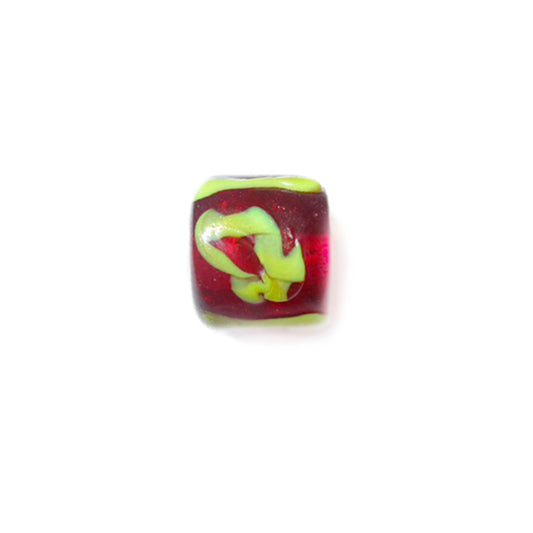 Red glass bead with yellow painting