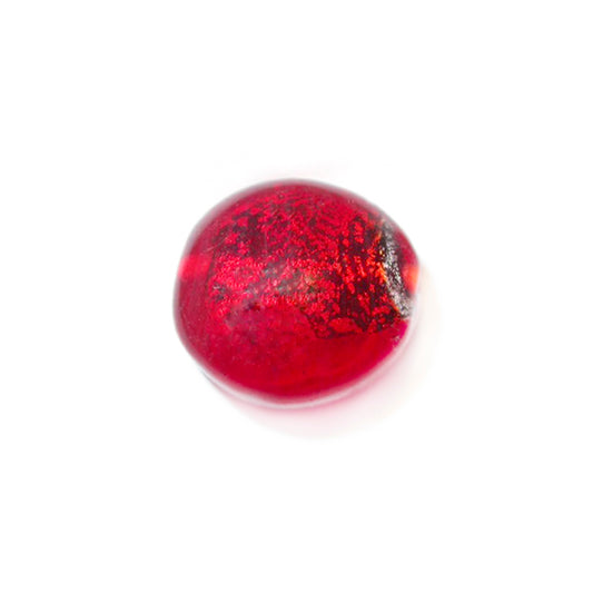 Red, round flat glassbead with silver colour inside