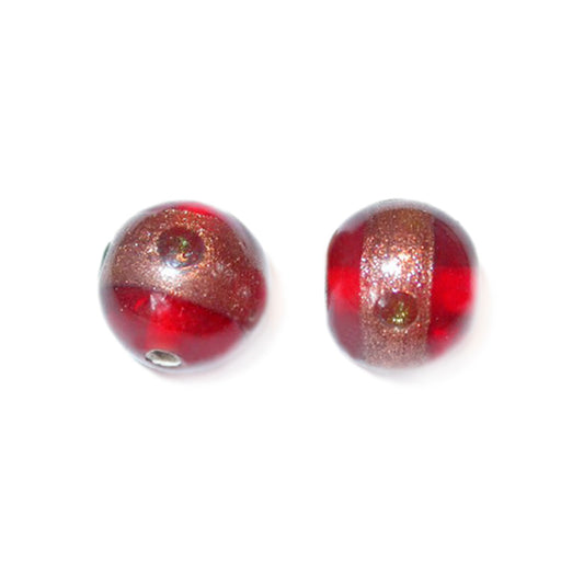 Red, round glass bead with goldcoulred stripe