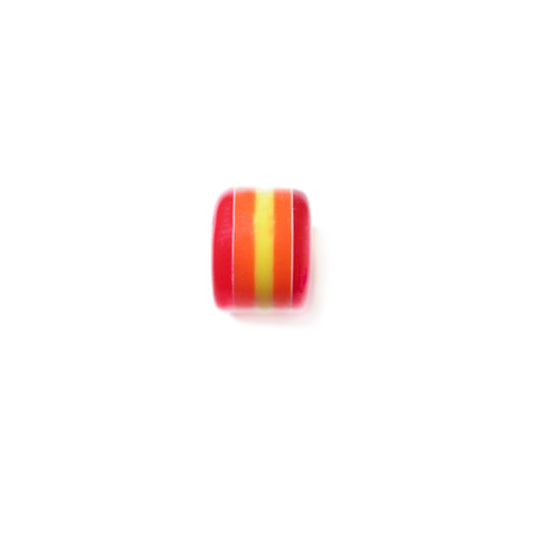 Red polyester bead with yellow and orange