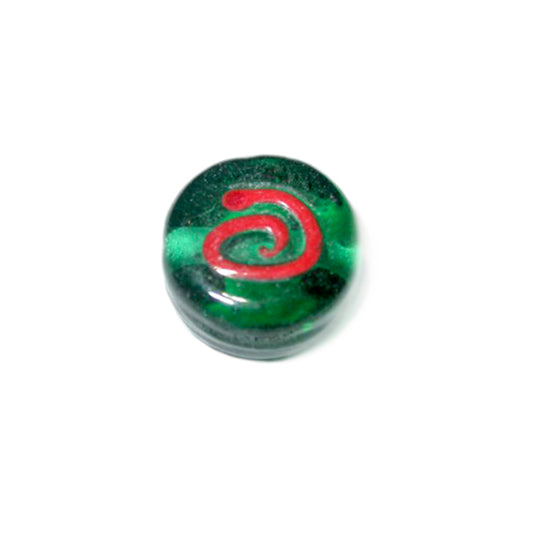 Round Green, flat glass bead with red drawing