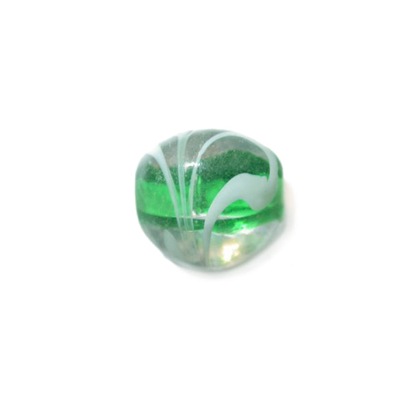 Transparent glass bead with green and white inside