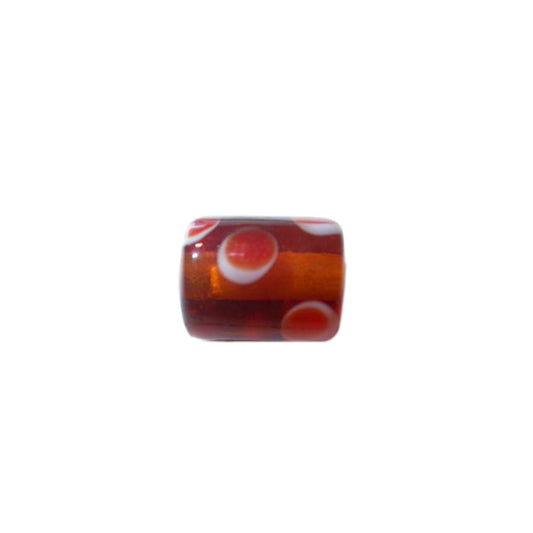 Brown glass bead with white and red