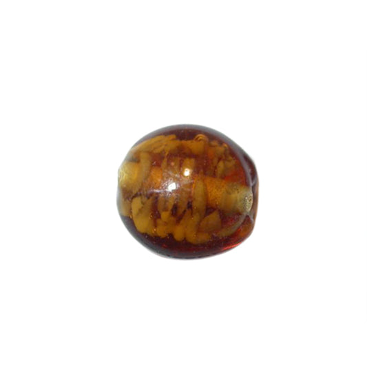 Brown, round, flat glass bead with spots