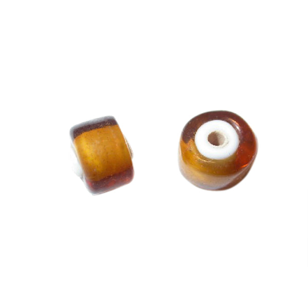 Brown, halfround tranparent glass bead with white inside