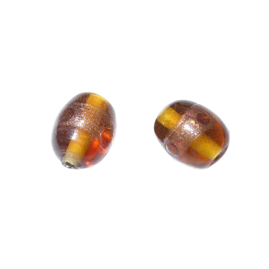 Brown oblong glass bead with goldcolored stripe