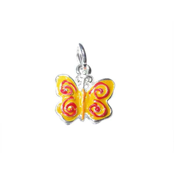 Butterfly charm made of metal with yellow and red