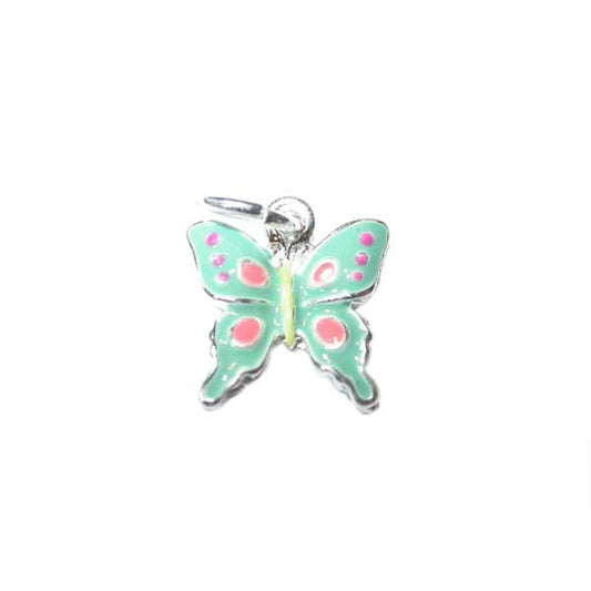 Butterfly charm made of metal with green and pink