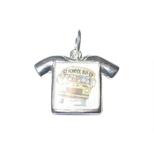 Shirt with photo of a schoolbus charm, made of metal