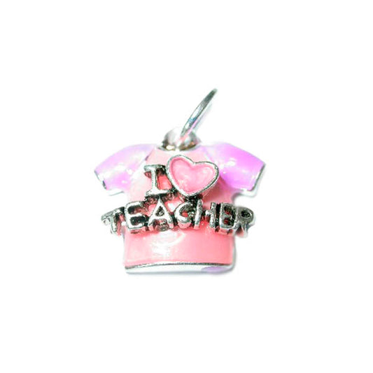 T-shirt charm with I love teacher, made of metal