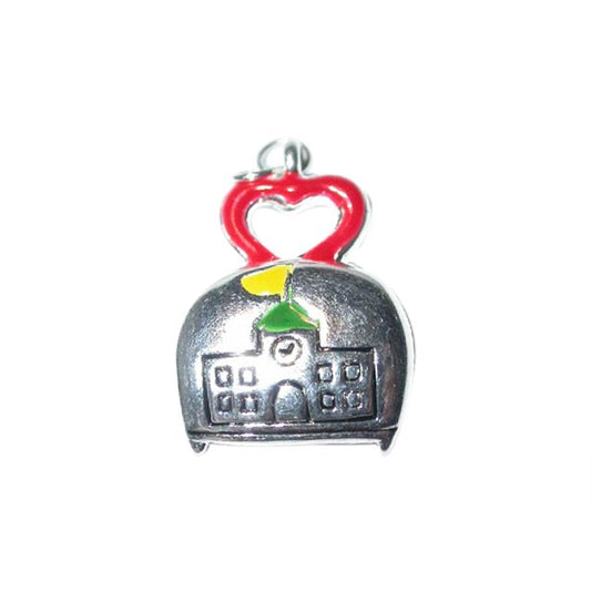 Schoolbag charm with a decoration of a school, made of metal