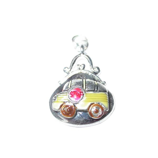 Schoolbag charm with a schoolbus as decoration, made of metal