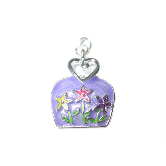 Bag Charm made of metal with purple and colorful flowers