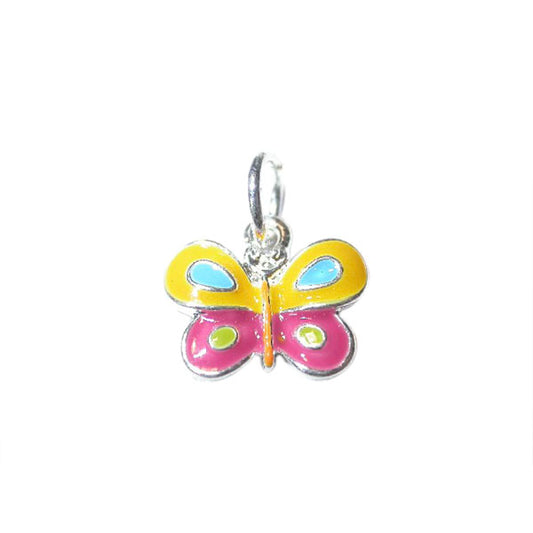 Butterfly charm made of metal with yellow, blue, pink and green colors