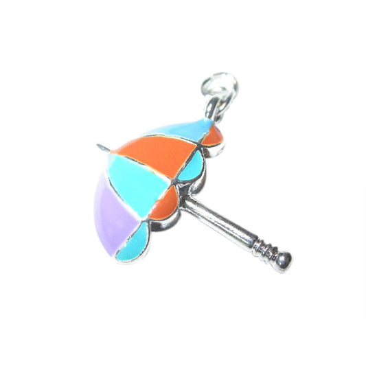 Umbrella charm made of metal with purple, green, orange and blue