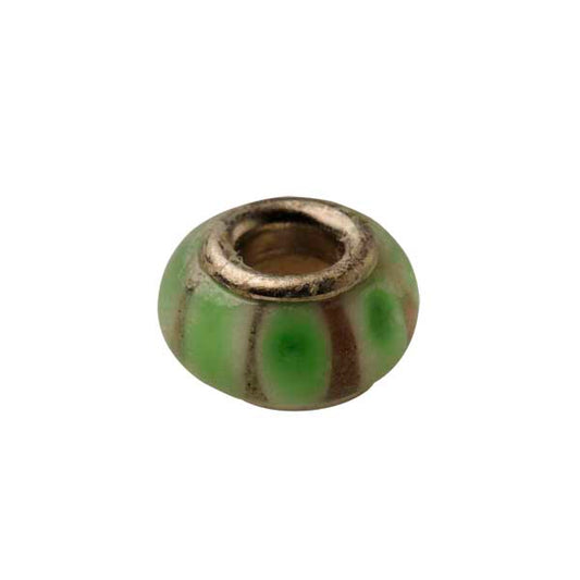 Glass bead with green and brown stripes