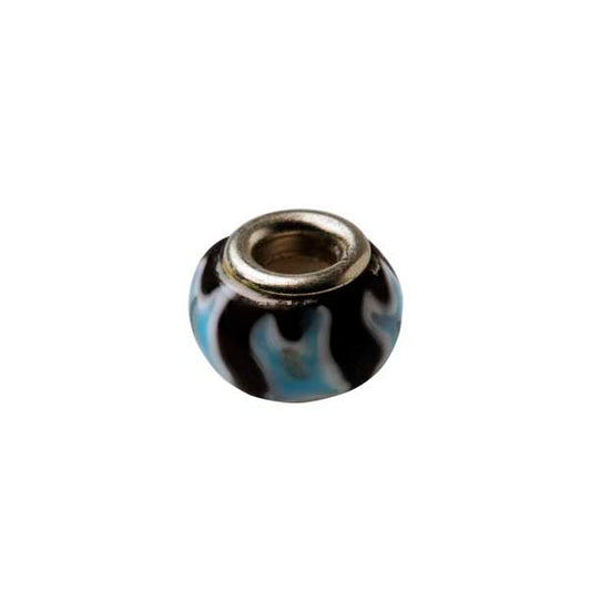 Brown glass bead with white and blue dots