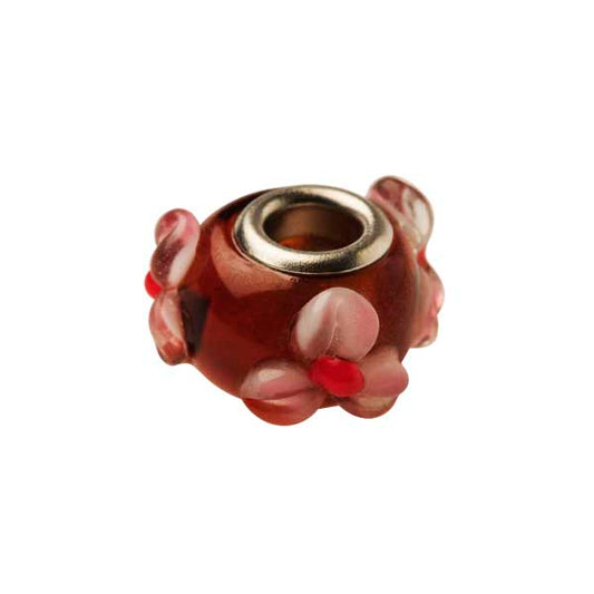 Red glass bead with light purple and red dots