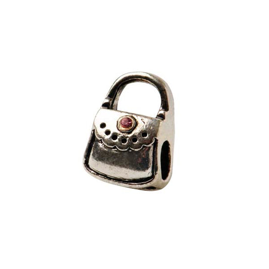 Metal bead in handbag form with on both sides a little rhinestone