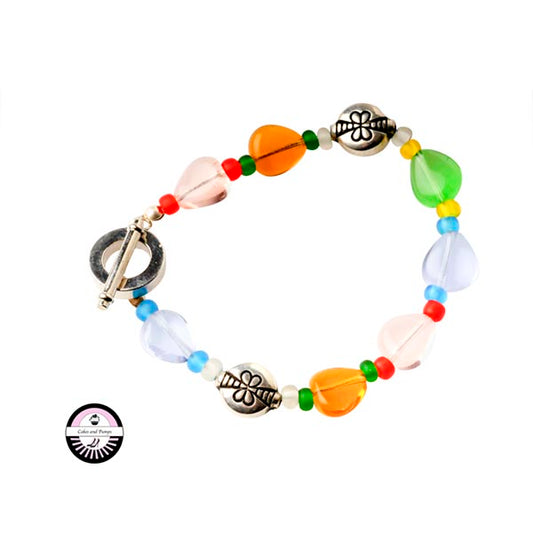 Armband met groen, paarse, roze en lichtbruine glaskralen