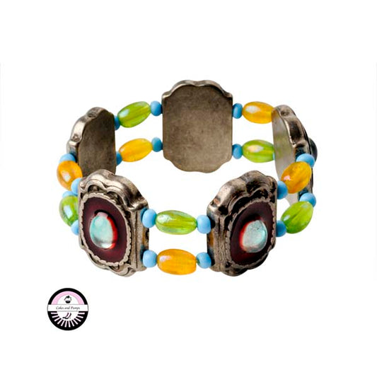 Elastic bracelet made with Metalcoloured pendants and yellow, green and blue glass beads