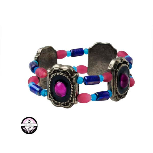 Elastic bracelet made with Metalcolored beads and blue and pink glass beads