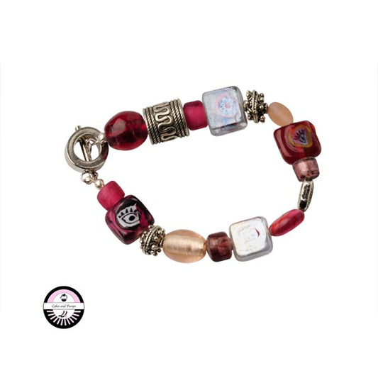 Bracelet with red, pink, light pink and transparent glass beads