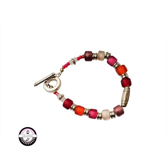 Bracelet with red, pink and purple glass beads