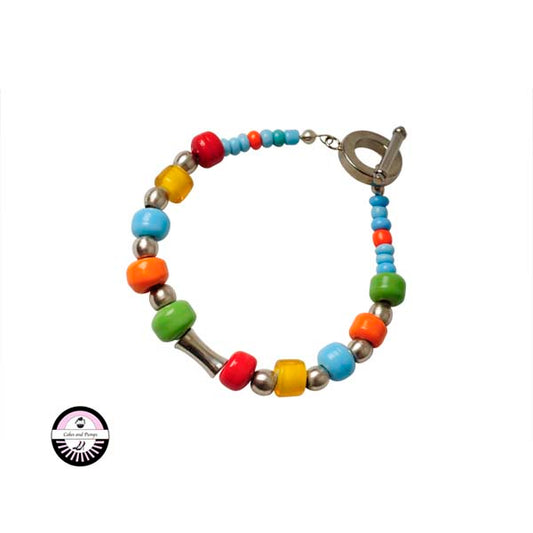 Bracelet with yellow, orange, green, lightblue and red glass beads