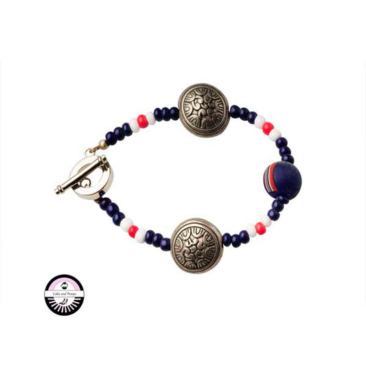 Bracelet with blue, white and red glass beads