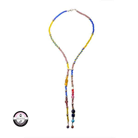 Necklace made with yellow, blue and purple glassbeads