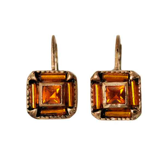 Square-shaped Earrings with yellow and orange beads