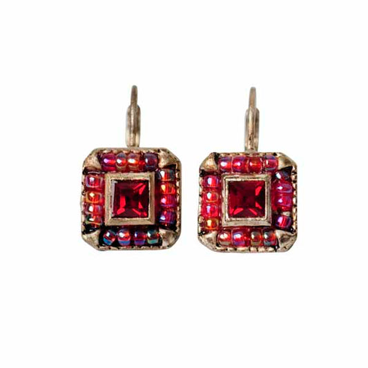 Square-shaped Earrings with red beads